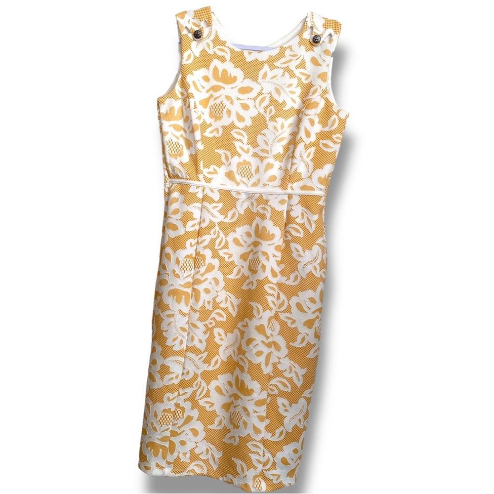 Kate and Lily Sheath Yellow Sleeveless Panel Mini Dress Floral Lace Overlay